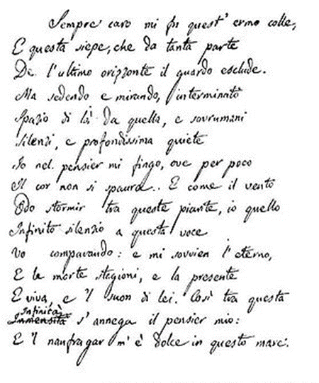 Giacomo Leopardi manoscritto della poesia l'infinito